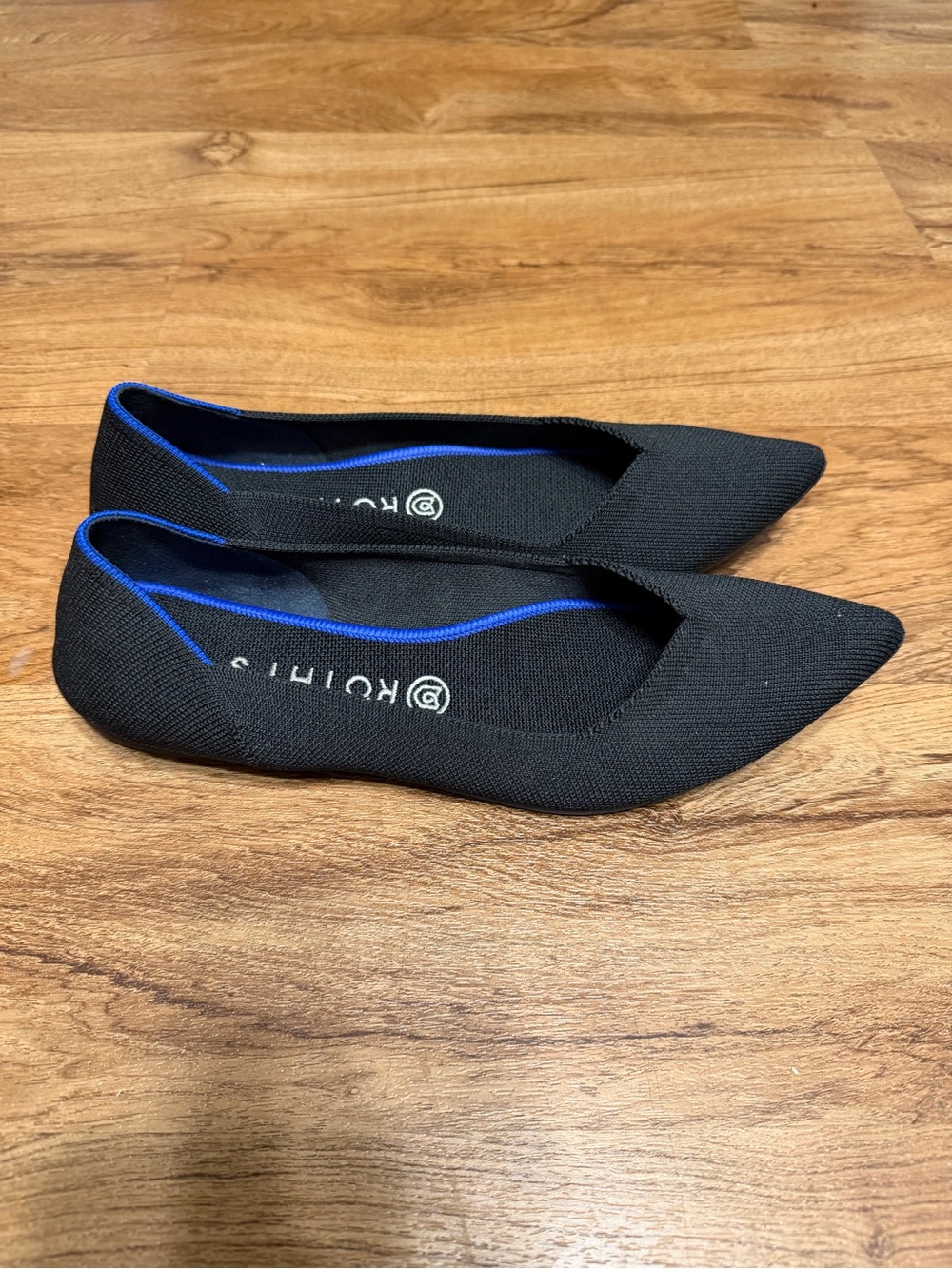 Rothy's Black Pointed Knit Flats with Blue Trim - Picture 2 of 4